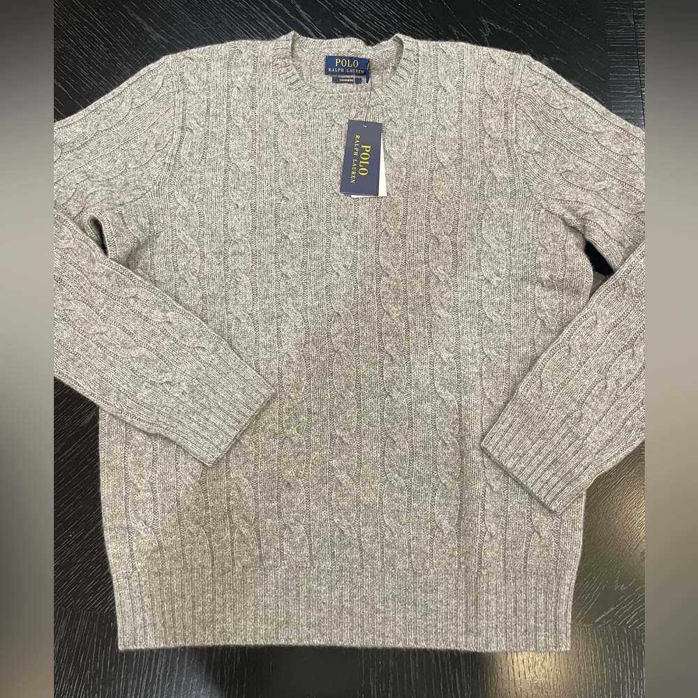 RALPH LAUREN POLO Size M The Iconic Cashmere cable knit crewneck sweater grey